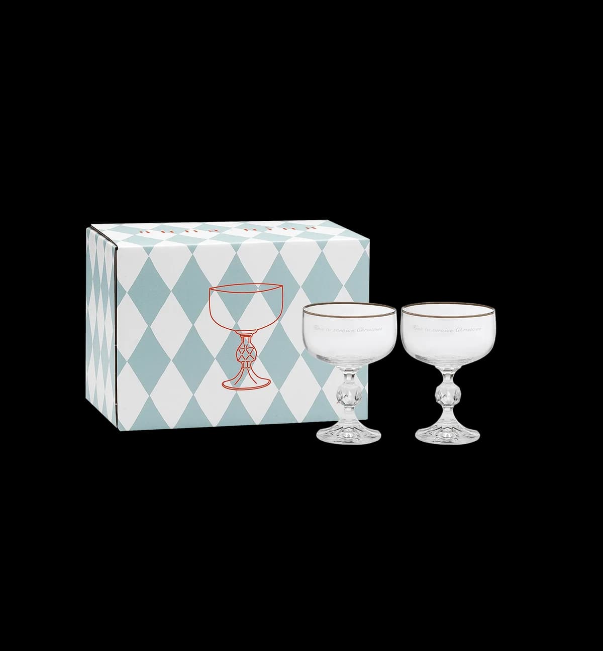 anna + nina coupe glasses with a harlequin gift box