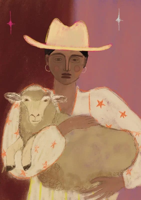 GoodMood print of a cowboy holding a lamb