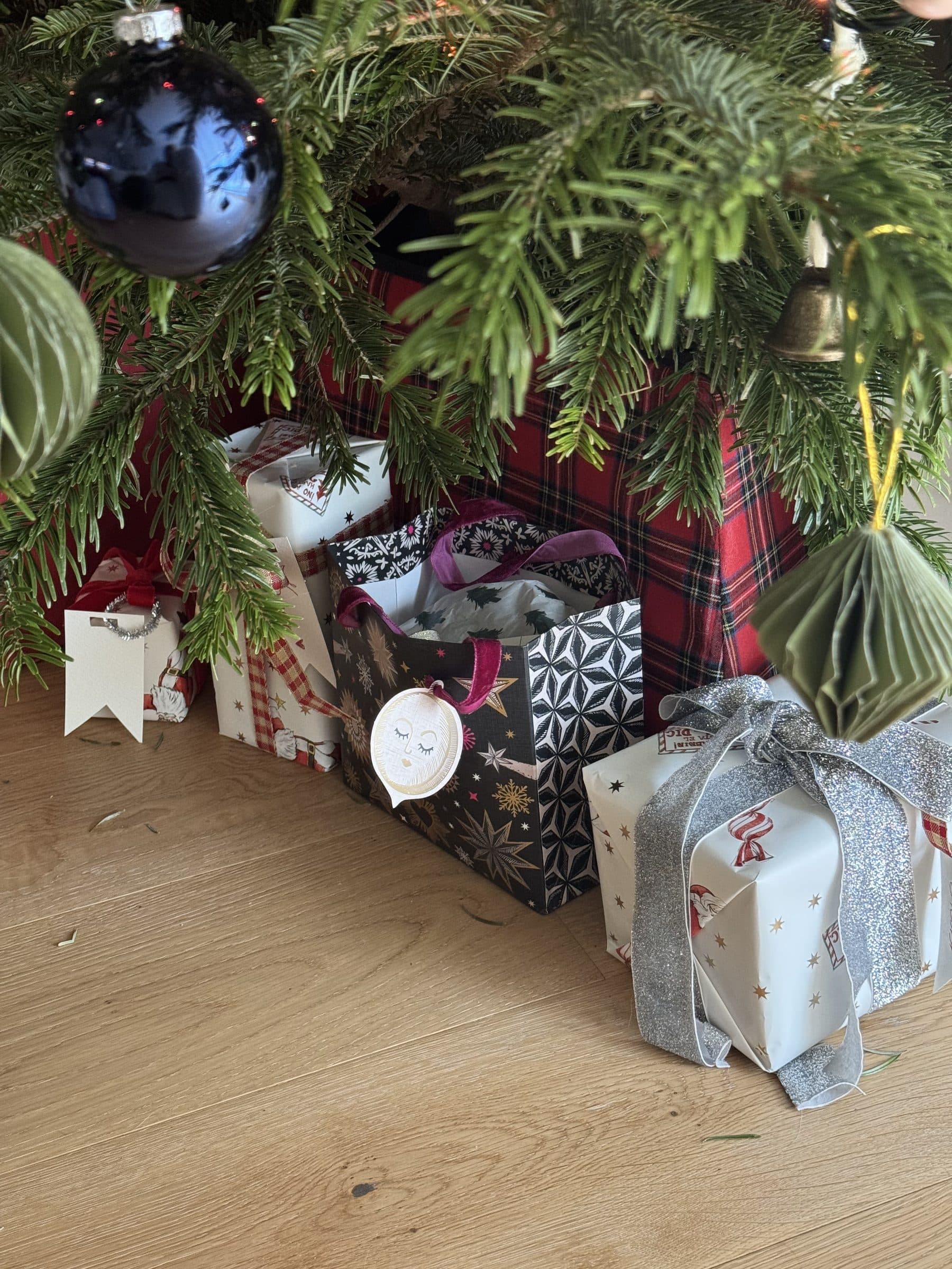Wrapped Christmas presents under a decorated tree