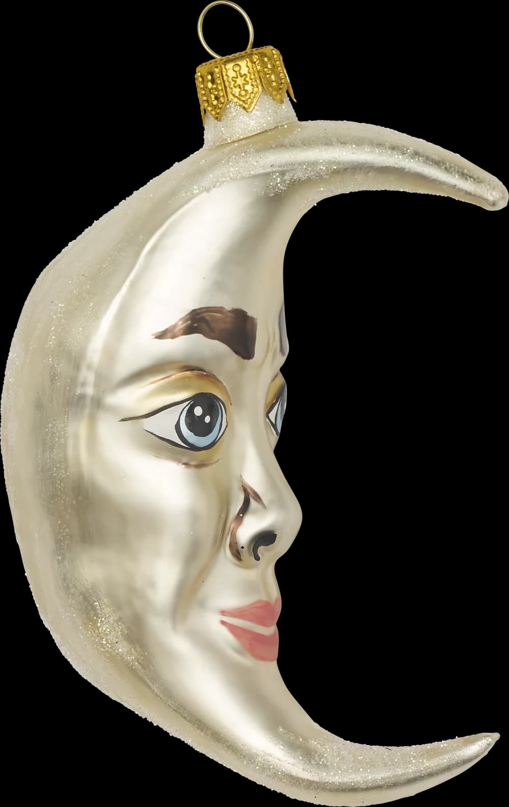 Glass crescent-moon ornament with a painted face